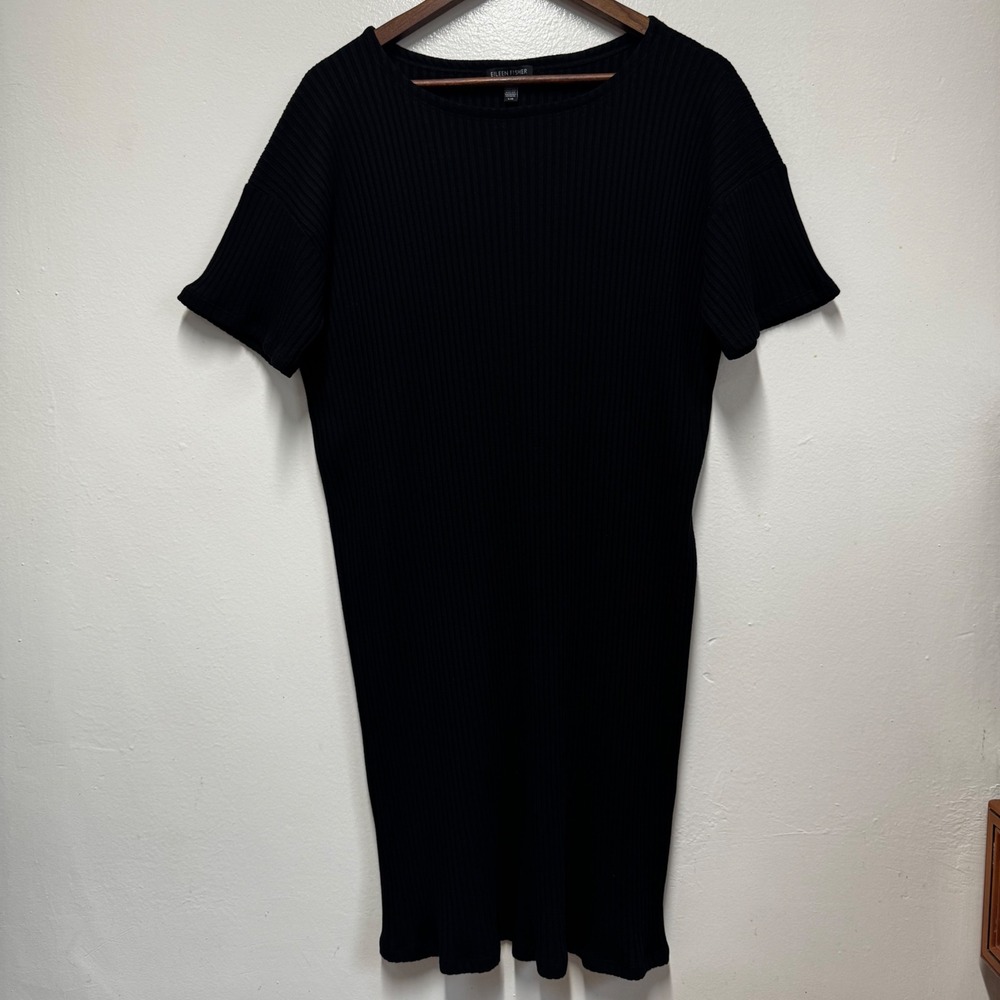 Eileen Fisher Ribbed Shift Dress Black Tencel Lyocell Minimalist Luxury Large
